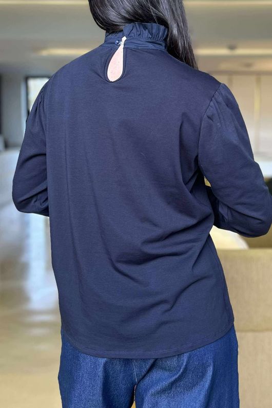 Essential Body Stretch Cotton Ruffle Neck Layering Top Navy - 